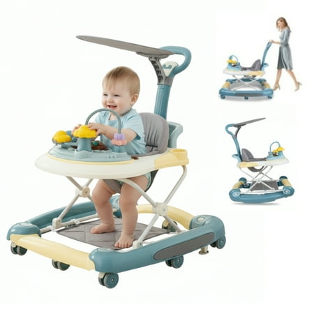Developmental Walkers For Babies Foldable Baby Walker Adjustable Height With Interactive Toys Green