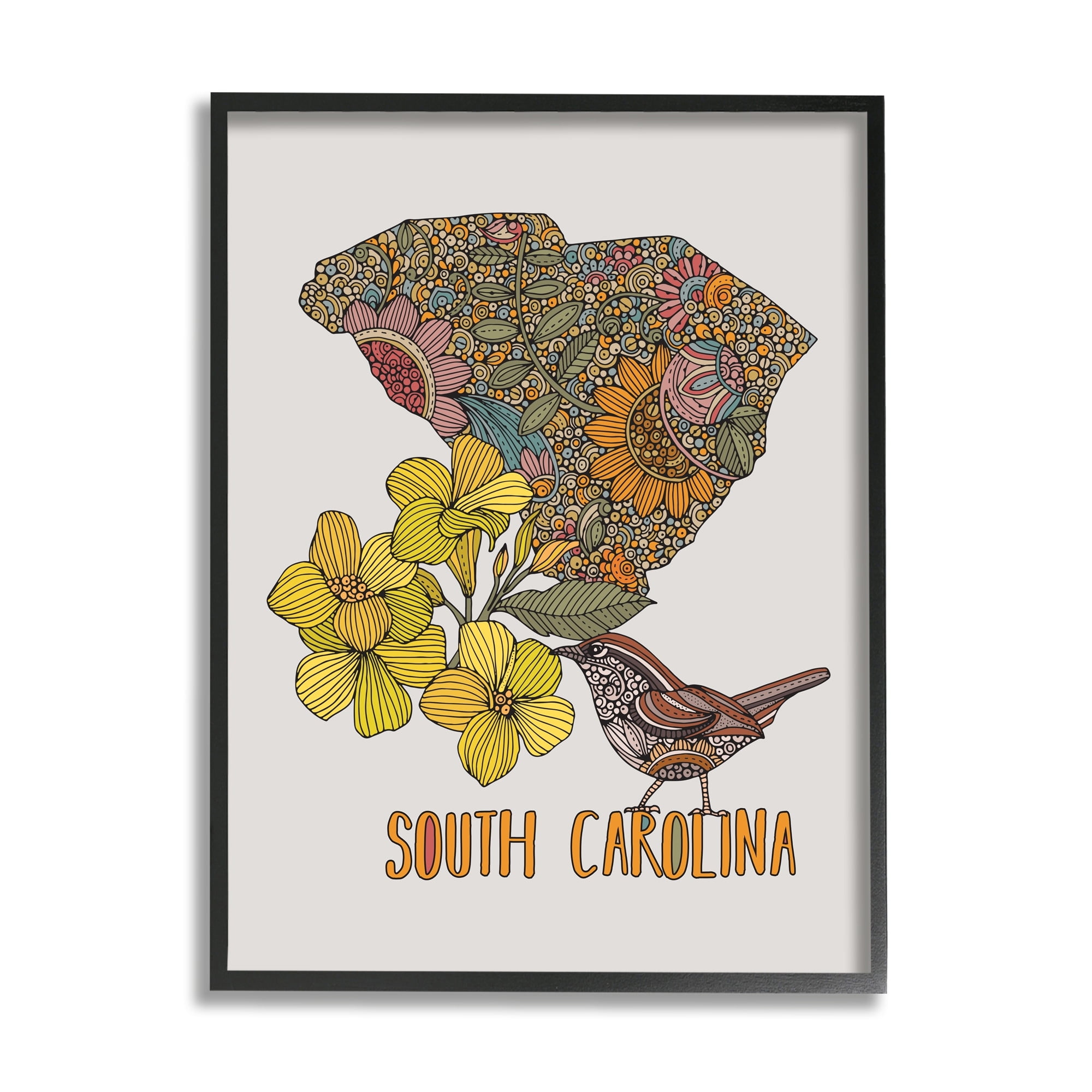 Stupell Industries Detailed South Carolina State Flower Blossoms Pattern Graphic Art Gray Framed Art Print Wall Art, Design by Valentina Harper
