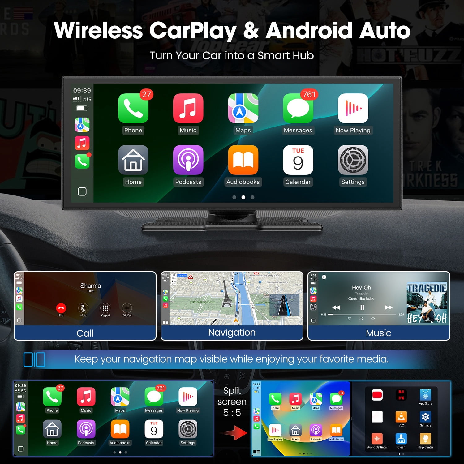 LAMTTO 10.25" Wireless CarPlay & Android Auto Built-in Video Apps, Backup Camera, Split Screen Display, 1920*720P Car Stereo Dual WiFi Bluetooth, OTA, FM/AUX