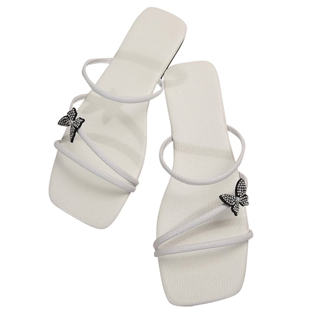 Womens Slippers Large Size Simplicity Three Straps Butterfly Rhinestone Bling Shine Flat Bottomed Square Open Toe Breathable Comfortable Non-Slip Summer Casual Slippers White