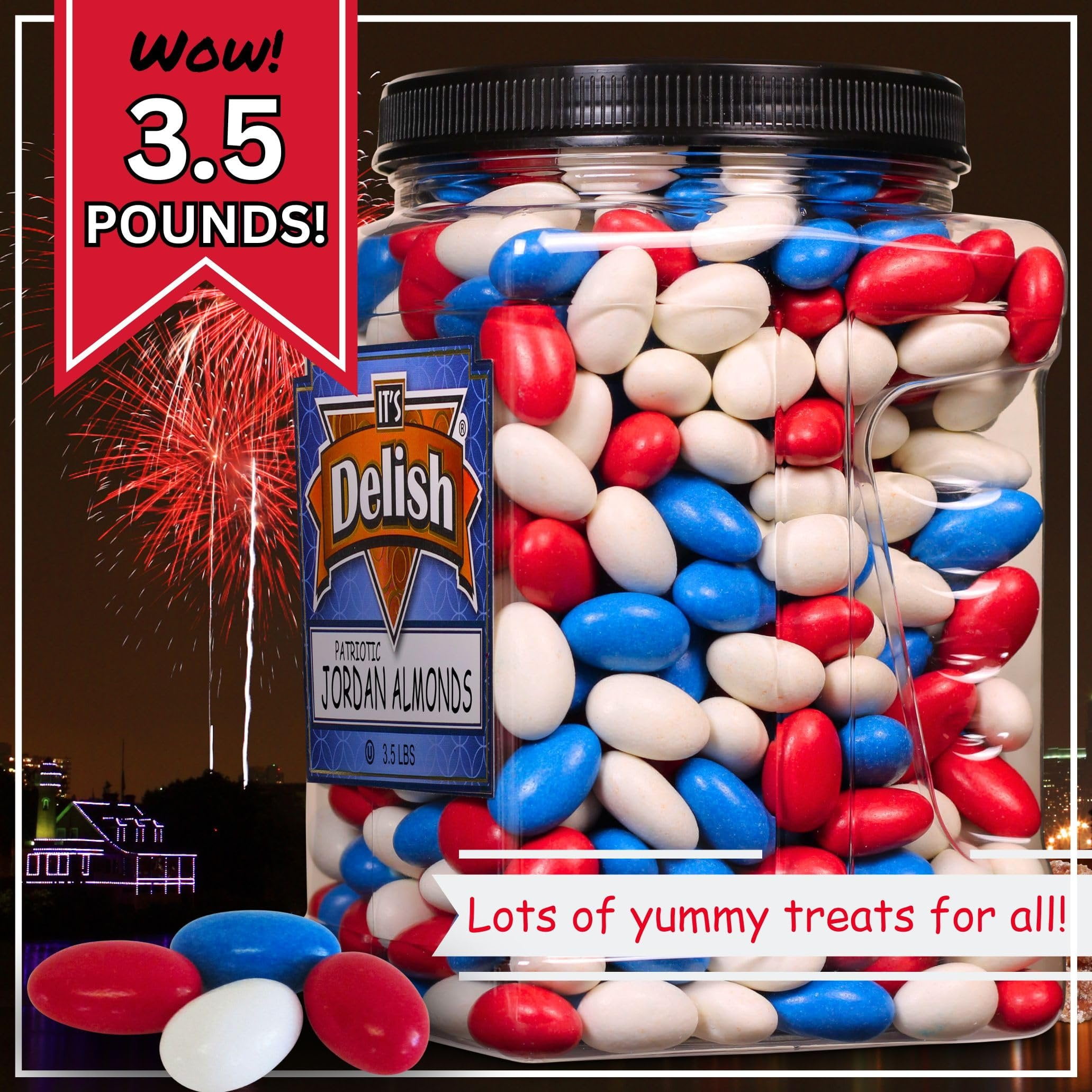 Patriotic Jordan Almonds Medley by It's Delish, 3.5 lbs Jumbo Container  Red White and Blue Candied Almonds  Fourth of July Party Decorations US Flag Colors - Bulk Vegan & Kosher Candy  Made in USA