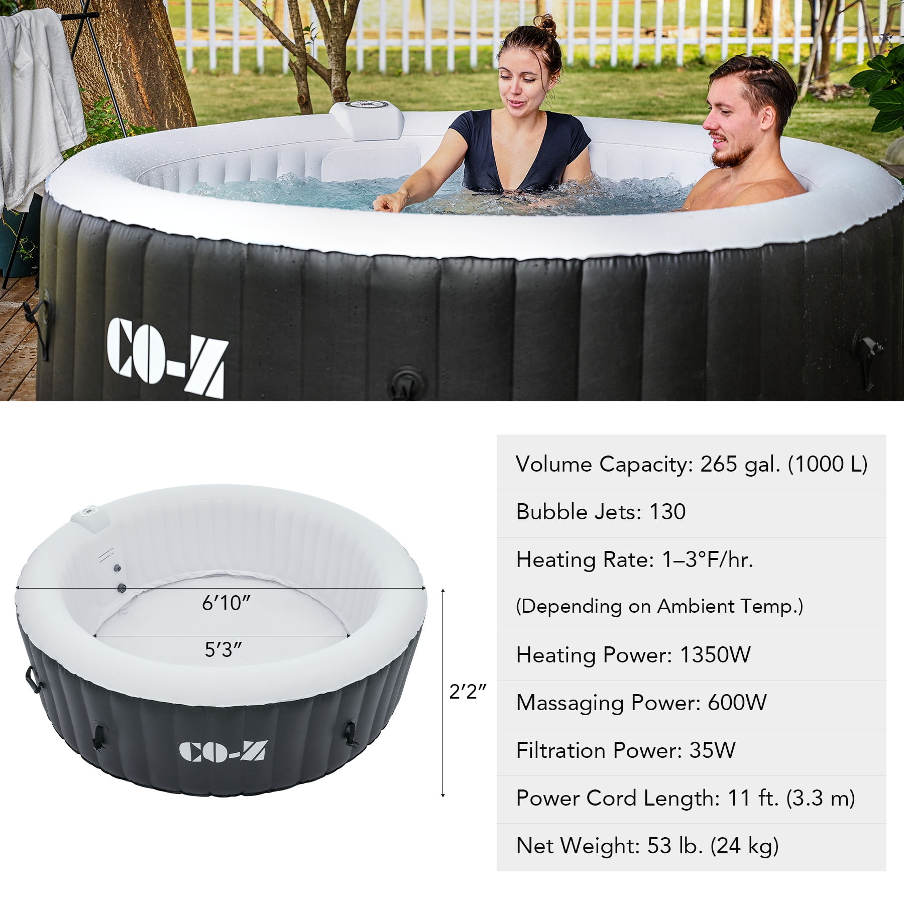 CO-Z 4-6 Person 7ft Inflatable Hot Tub Pool with Massage Jets and All Accessories Black