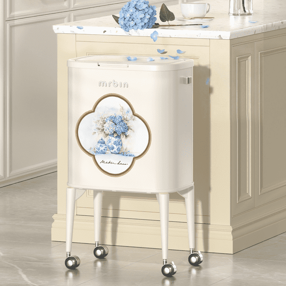 MRBIN Kitchen Trash Can with Legs, 36L / 9.5gal Tall Trash Bin with Wheels Decorative Garbage Can with Lid Pet Proof Slim Vintage Press Top, White, Blue and White Porcelain Pattern