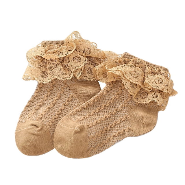 Faithtur Baby Girls Lace Princess Socks Double Layer Ruffle Frill Solid Color Anti-slip Short Socks Infant Sweet Knit Floor Hosiery