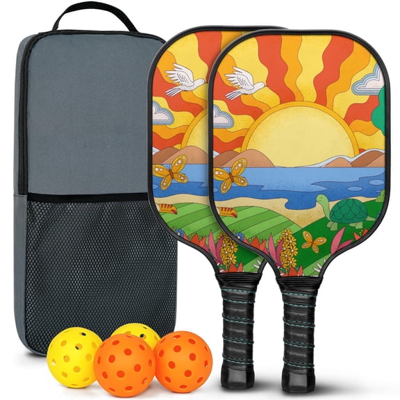 Pickleball Paddles Set Of 2, Fiberglass Surface, Vintage Floral Print, 4 Balls & Bag