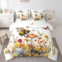 Homewish Cartoon Bee Animal Bedding Comforter Set 7-Piece for Kids, Mushroom Plant Botanical King Bedding Sets, Orange Groovy Floral Reversible Bed Sheets, Super Cozy Room Decor