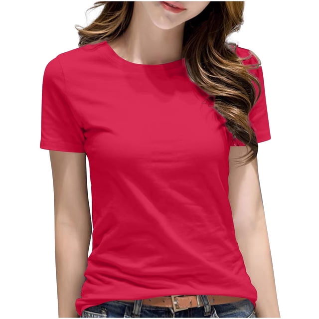 Hauts Basiques en Coton pour Femmes Grande Taille T-Shirt à Manches Courtes Chic Décontracté Coupe Classique Col Rond T-Shirts Rose Vif, TG