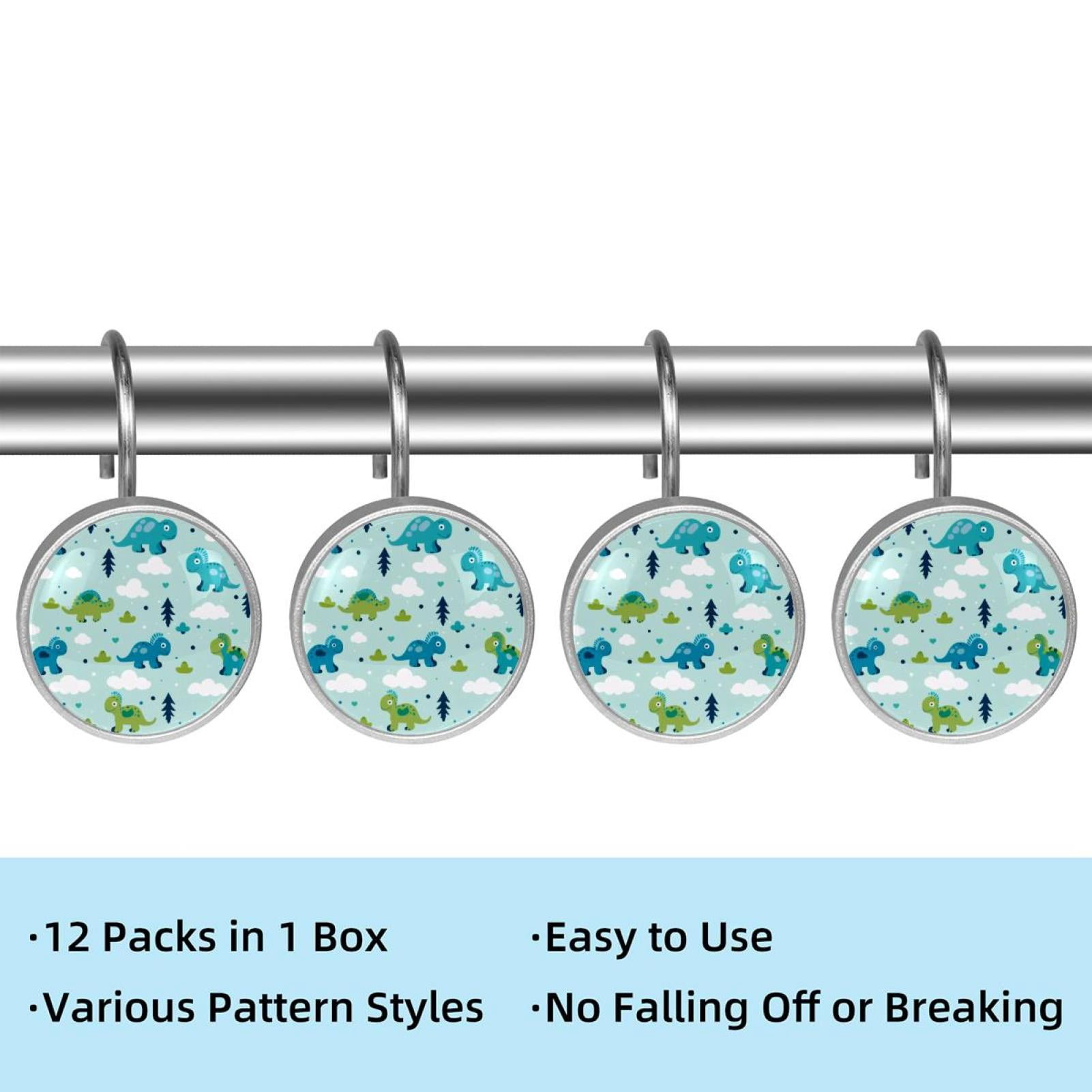 12pcs Decorative Shower Curtain Hooks, Rust Resistant Shower Rings for Bathroom Living Room,Rustproof Stainless Steel Rings for Shower Curtain and Liner Rods,Cartoon Dinosaurs Trees Blue