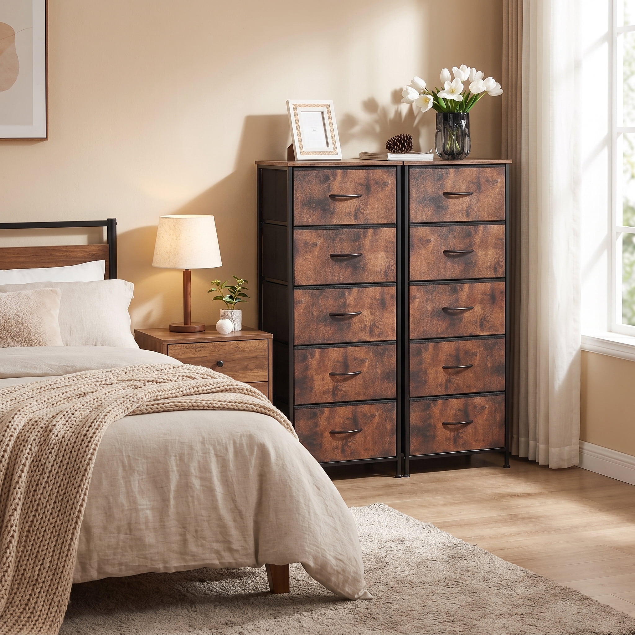 TrumanPick Fabric Storage Drawer Bedroom Dresser, Tall Dresser for Closet, 5 Fabric Dresser with 5 Storage Drawers for Clothes, Living Room, Hallway, Entryway, Rust