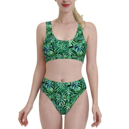 Bixox Monstera Leaves Pattern Two-Piece Sports Bikini with U-Shaped Top and High-Waist Bottom - Women s Swimwear with Removable Bra Pads