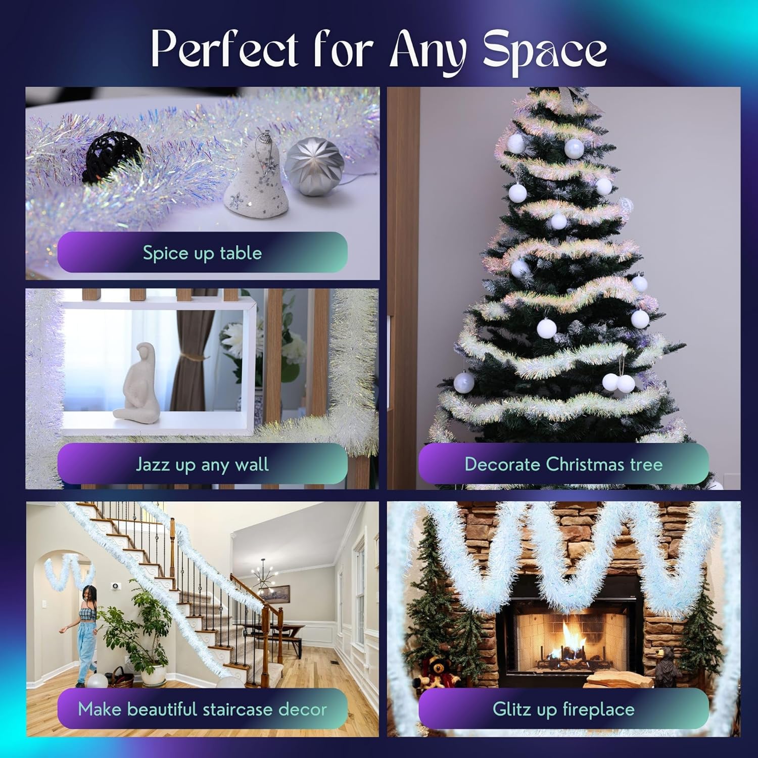 Ayieyill 33ft Tinsel Garland, Iridescent photo 4