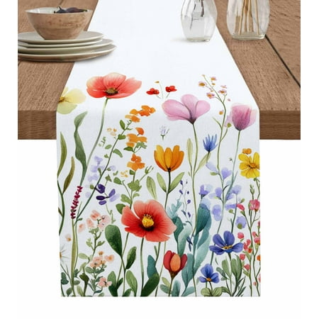 

Table Runner Dresser Scarf 14 x 72 Inch Spring Watercolor Colorful Flower Wildflower Green Leaf Table Runners Non-Slip Heat Kitchen Dining Table Decor for Indoor Outdoor Home Party Decoration