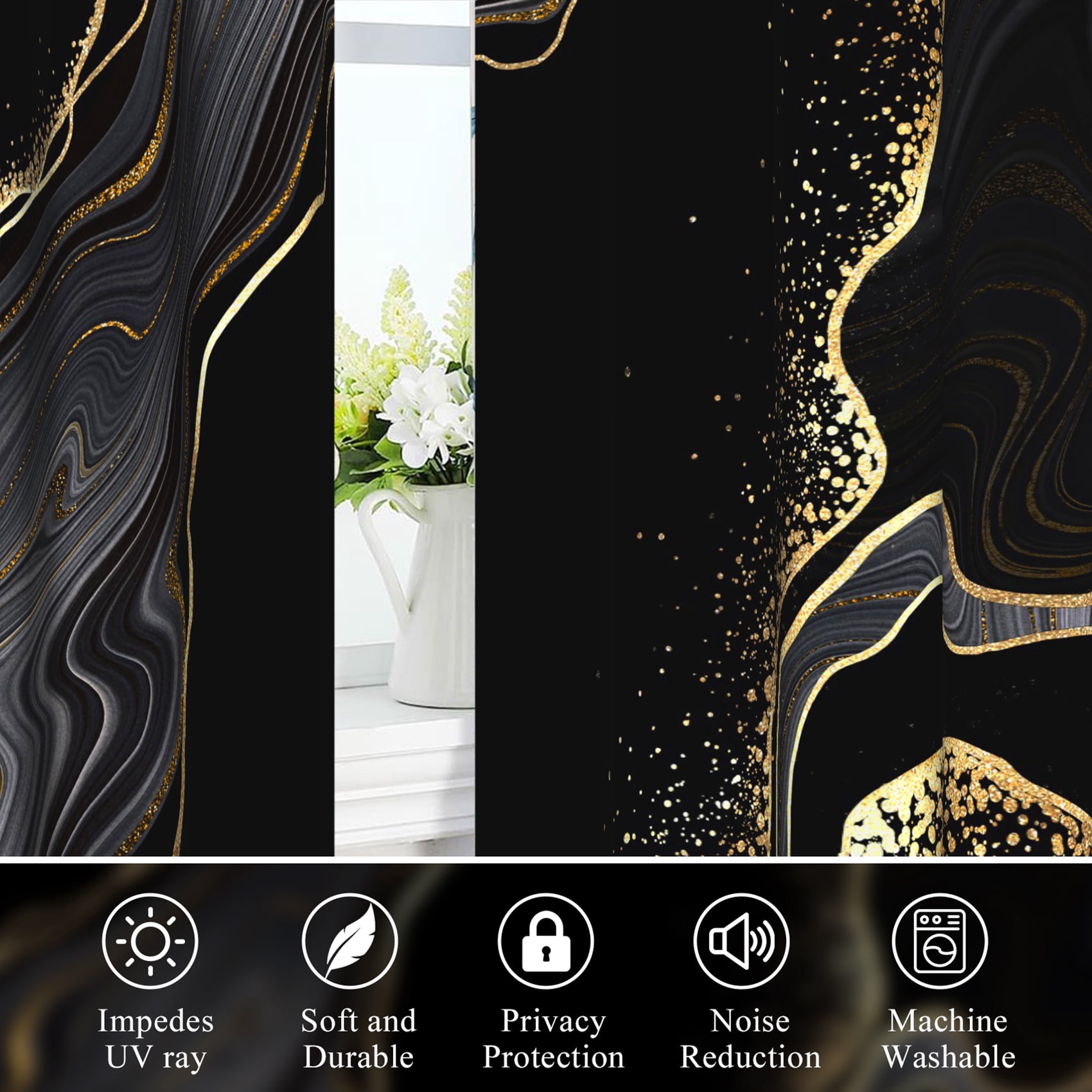 Dashan Black Gold Marble Blackout Window Curtain for Living Room,Thermal Insulated Curtains,52x84 Inch,Set of 2