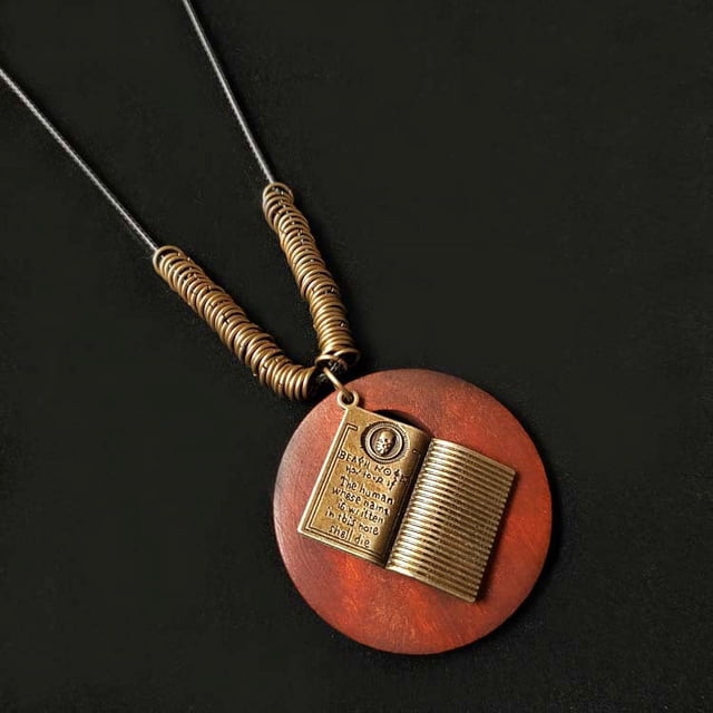 Collar largo con forma de hoja de aleación de madera y estilo étnico con accesorios de algodón y lino vintage para mujer