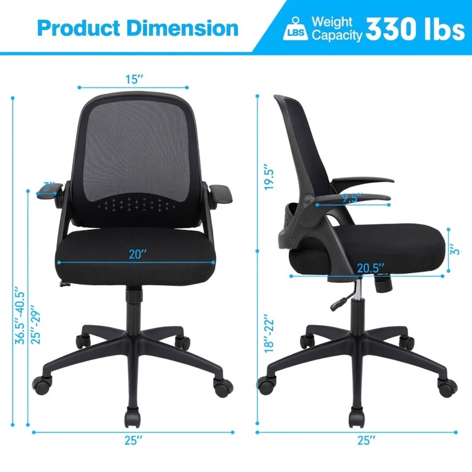 Furnibear Mesh Office Chair with Flip-up Armrests, Lumbar Support, Adjustable Height Ergonomic Rolling Computer Desk Chair for Home Office, Black