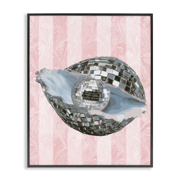 Stupell Industries Coastal Disco Oyster on Stripes Black Framed Giclee Art, 11 x 14, by Lil' Rue