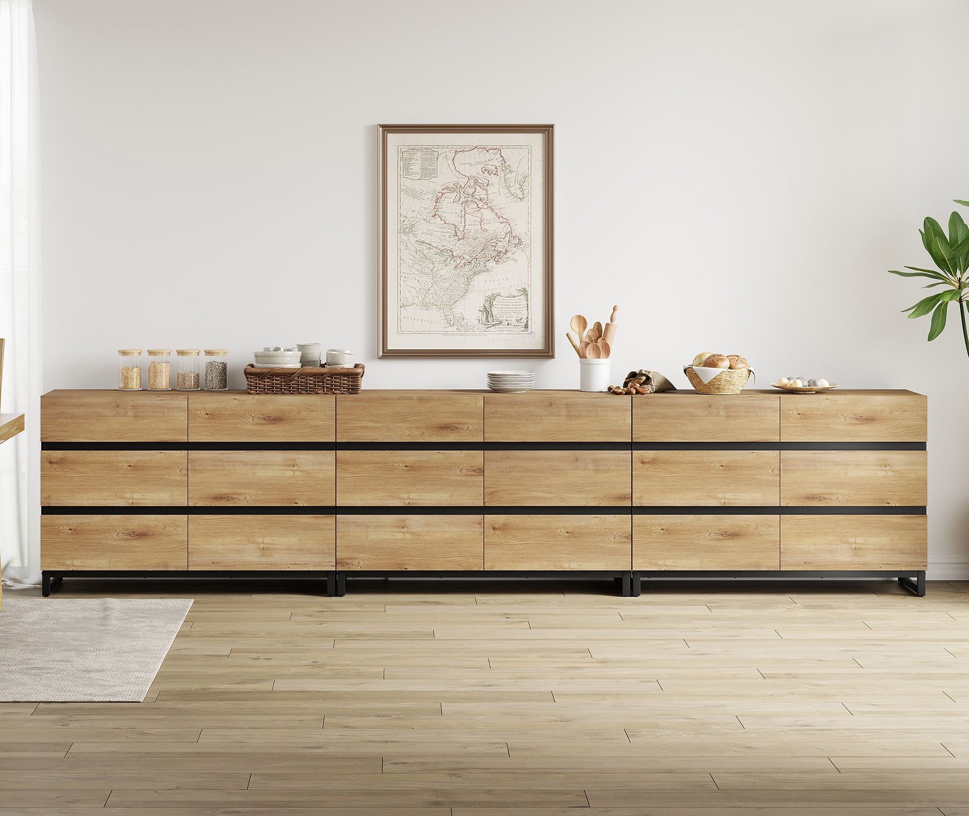 Modern Buffet Sideboard Cabinet with 18 Smooth-Glide Drawers and Sturdy Metal Base, Multifunctional Coffee Bar Storage Organizer Cabinet for Kitchen, Dining Room and Living Room,Oak