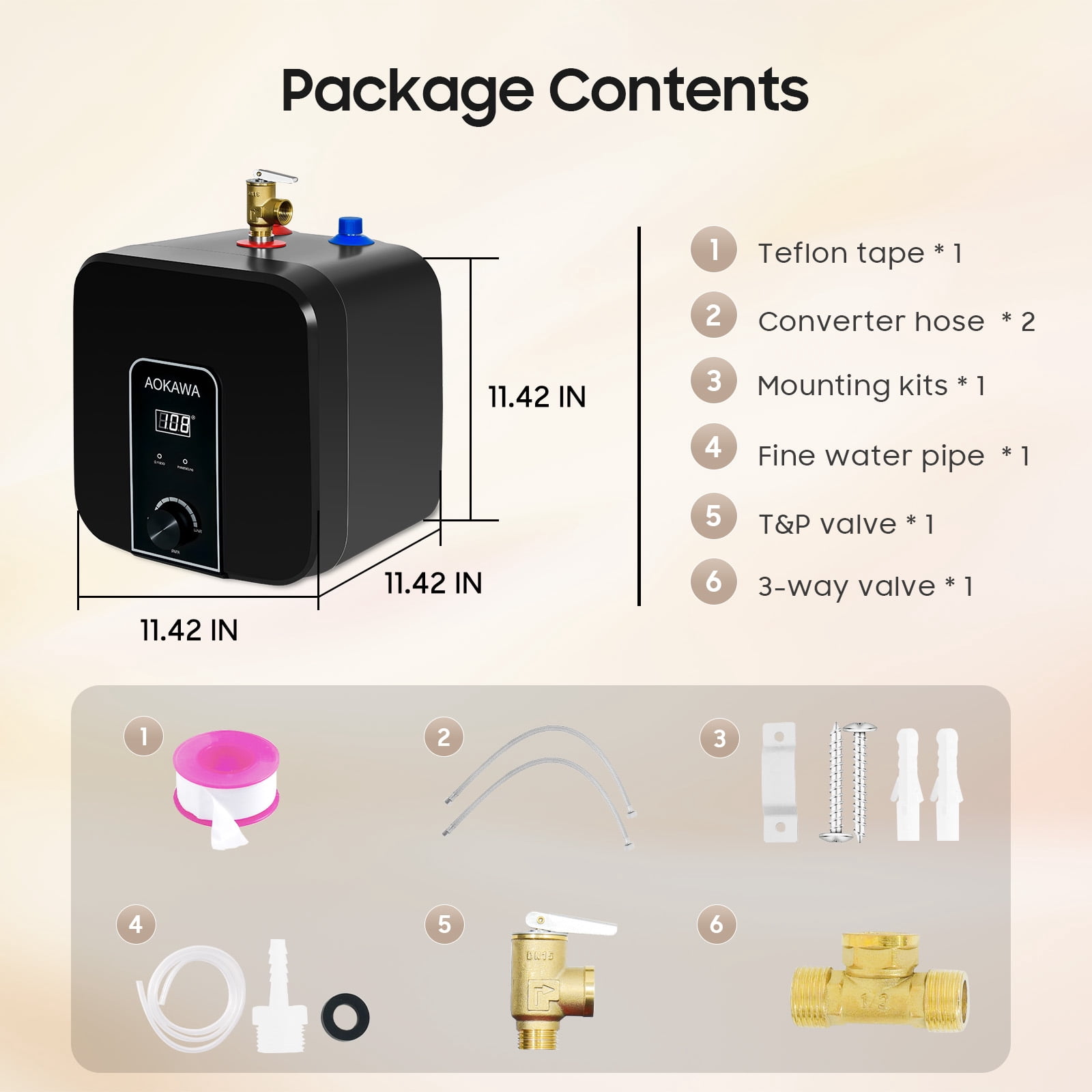 Aokawa Mini Tank Water Heater-2.5 Gallon Under Sink Instant Hot Water Point of Use Instant Hot Water for RV, Camper, Kitchen, Food Truck, 120V 1500W, Wall or Floor Mounted