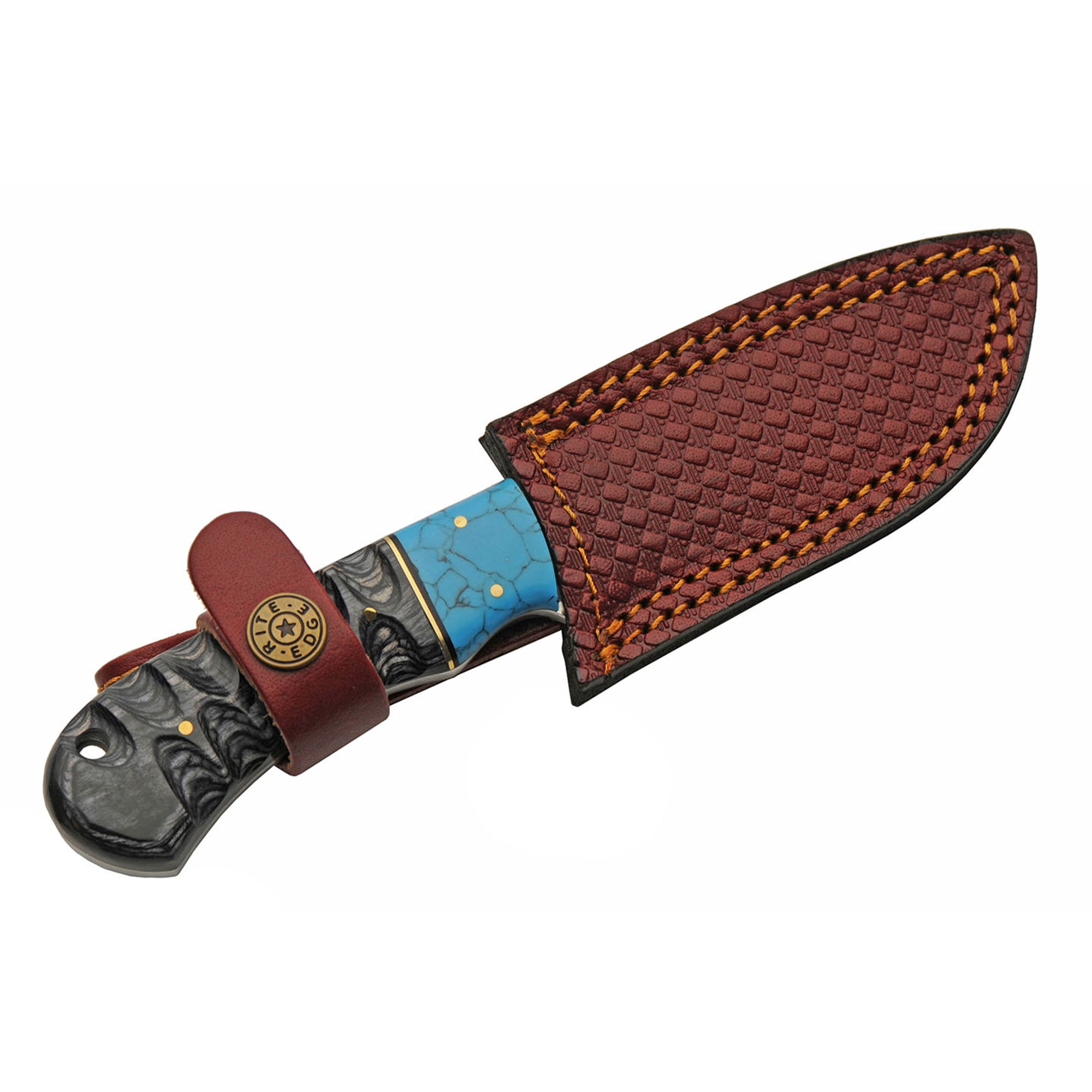 SANZ 8" Full Tang Hunting Knife with Damascus Style Blade, Black Wood Handle, Brass Pins and Leather Sheath Included