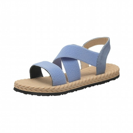 

Awdenio Summer Womens Sandals Strap Grass Woven Hemp Rope Flat Bottomed Roman Shoes Beach Soft Sole Sandals