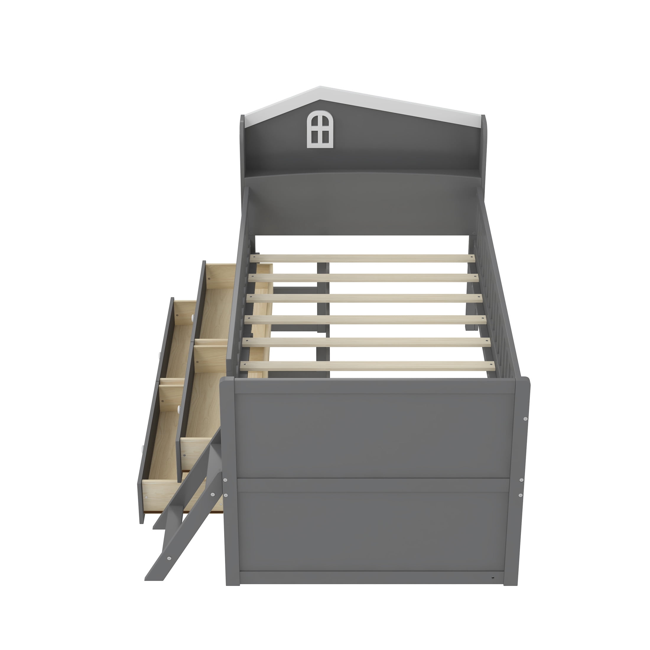 Noble House Twin Bed Frame with 4 Storage Drawers, House Headboard and Guardrails, Gray