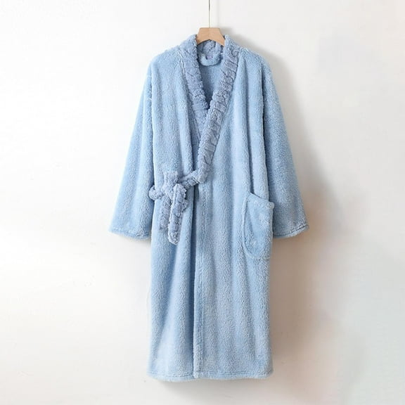 Aueoeo Women Bathrobe Winter Warm Thick Bathrobe Cute Furry Nightgowns Sleeping Robe Yukata Home Clothes Blue L
