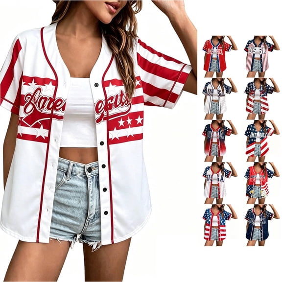 Unir Light Polyester Women 4th Of July Baseball Button Up , Patriotic USA Star Striped Short Sleeve Casual Shirt, Loose Summer Holiday Layering Outer Top, S-XXXXXL, True To Size