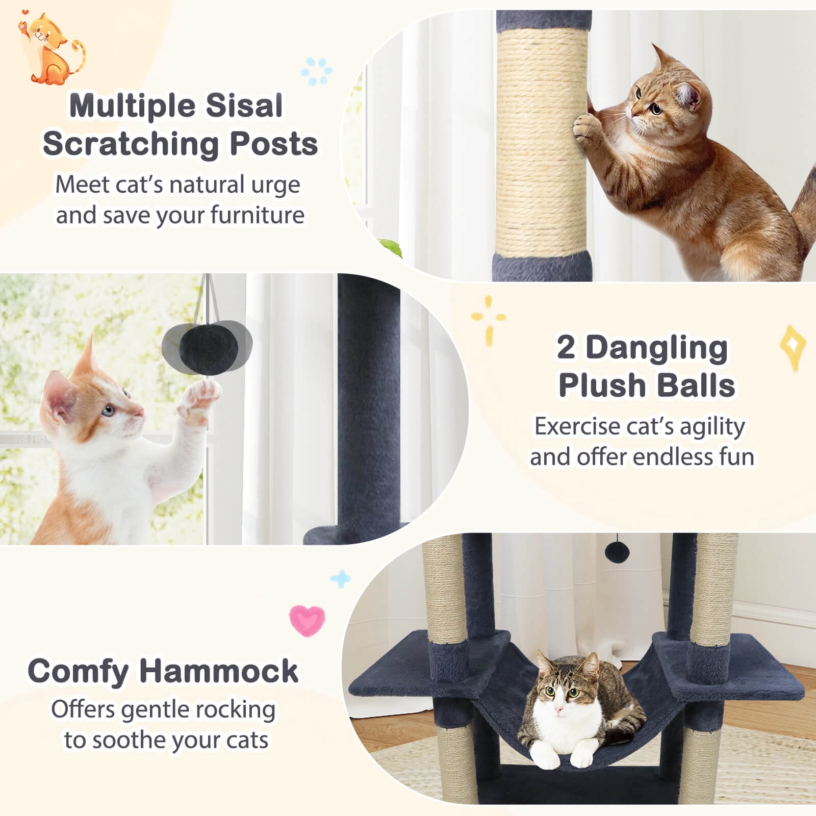Costway 70” Large Cat Tree for Indoor Cats with Plush Top Perch, Dual large Condos, Hammock Dark Gray