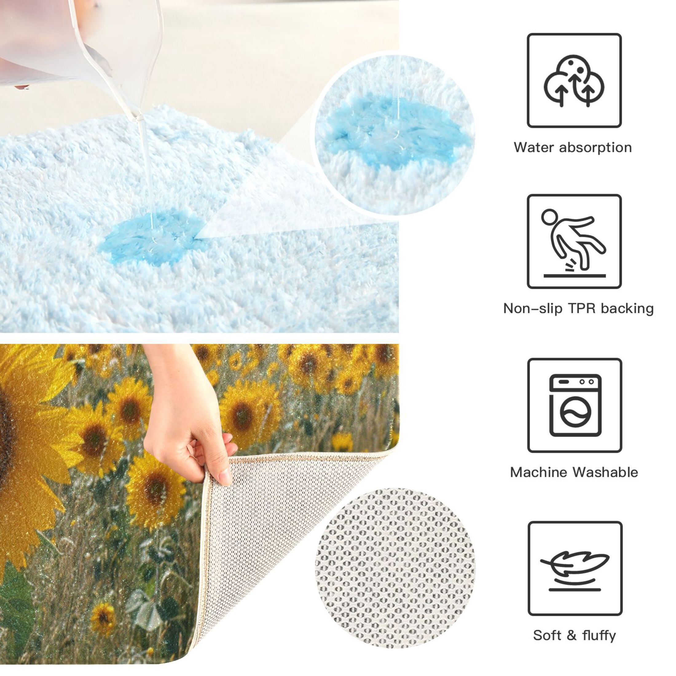 Toilet Rug Set Non-Slip Bathroom Rugs Soft Plush Machine Washable Contour Bath Mat Sunflower Sea 24x20/24x16