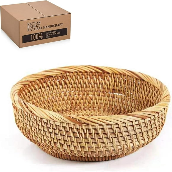 Bread Basket Wicker Fruit Basket Rattan Storage Basket Handmade Basket Decorative Bowl for Serving Potatoes Onions Bread Vine Decorative Basket Stackable Flat Rim Honey Brown Flat Rim M