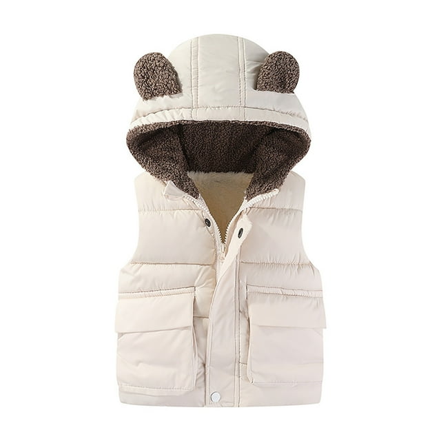 LYHaoo Gilet à Capuche pour Garçons et Filles, Veste d'Hiver Chaude Sans Manches avec Oreilles d'Ours, Fermeture Éclair, avec Poche, 1 7Y Classique, Beige Mignon, Tailles 12-24 Mois