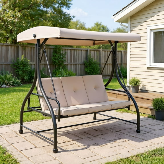 Resenkos Porch Swings, Outdoor Patio Swings,3 Seats Converting Outdoor Swing Canopy Hammock with Adjustable Tilt Canopy-Beige