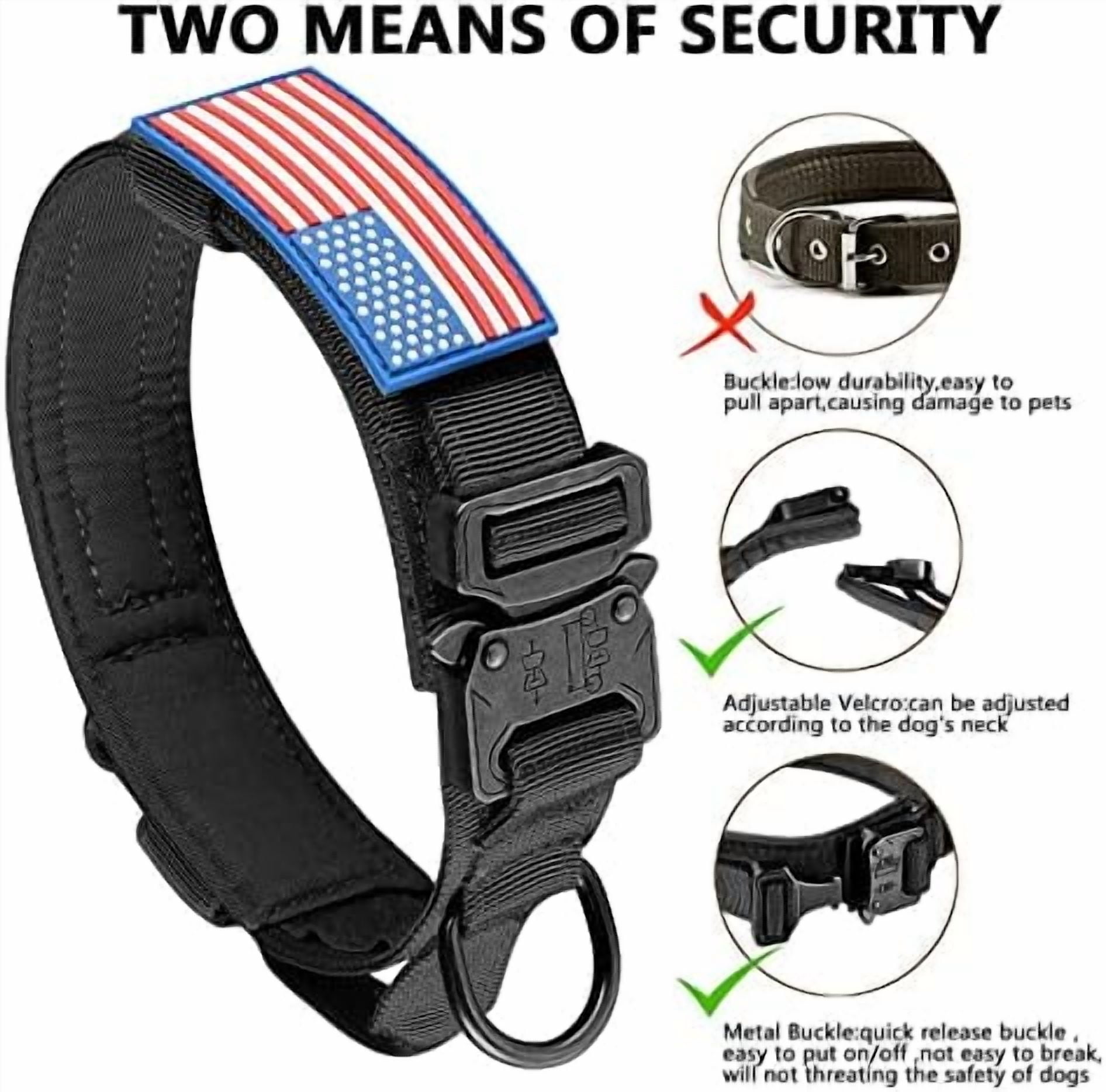 Tactical Dog Collar, Adjustable Military Training Nylon Dog Collar with Control Handle and Heavy Metal Buckle for Medium and Large Dogs, with Patches and Airtags Case (L, Black)