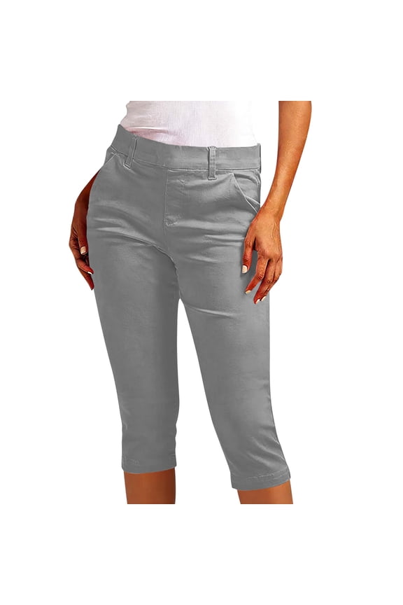 Women Twill Stretch Hiking Capri Pants, Thin Elastic Waist Regular Fit Functional Side Storage Pockets Outdoor Bottoms Gray L
