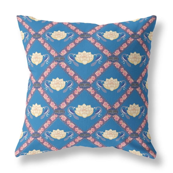 Lotus Peacock Rose Suede Zippered Pillow with Insert Blue Yellow Pink 16"x16"