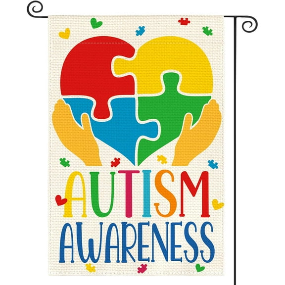 Autism Awareness Garden Flag 12x18 Inch Double Sided Outside, Puzzle Piece Love Heart Inspirational Support Yard Outdoor Flag