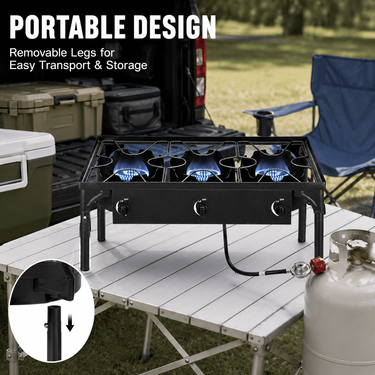 Alvantor 3 Burner Outdoor Gas Stove With Removable Legs, Adjustable 0-20 Psi Regulator, 225000 Btu