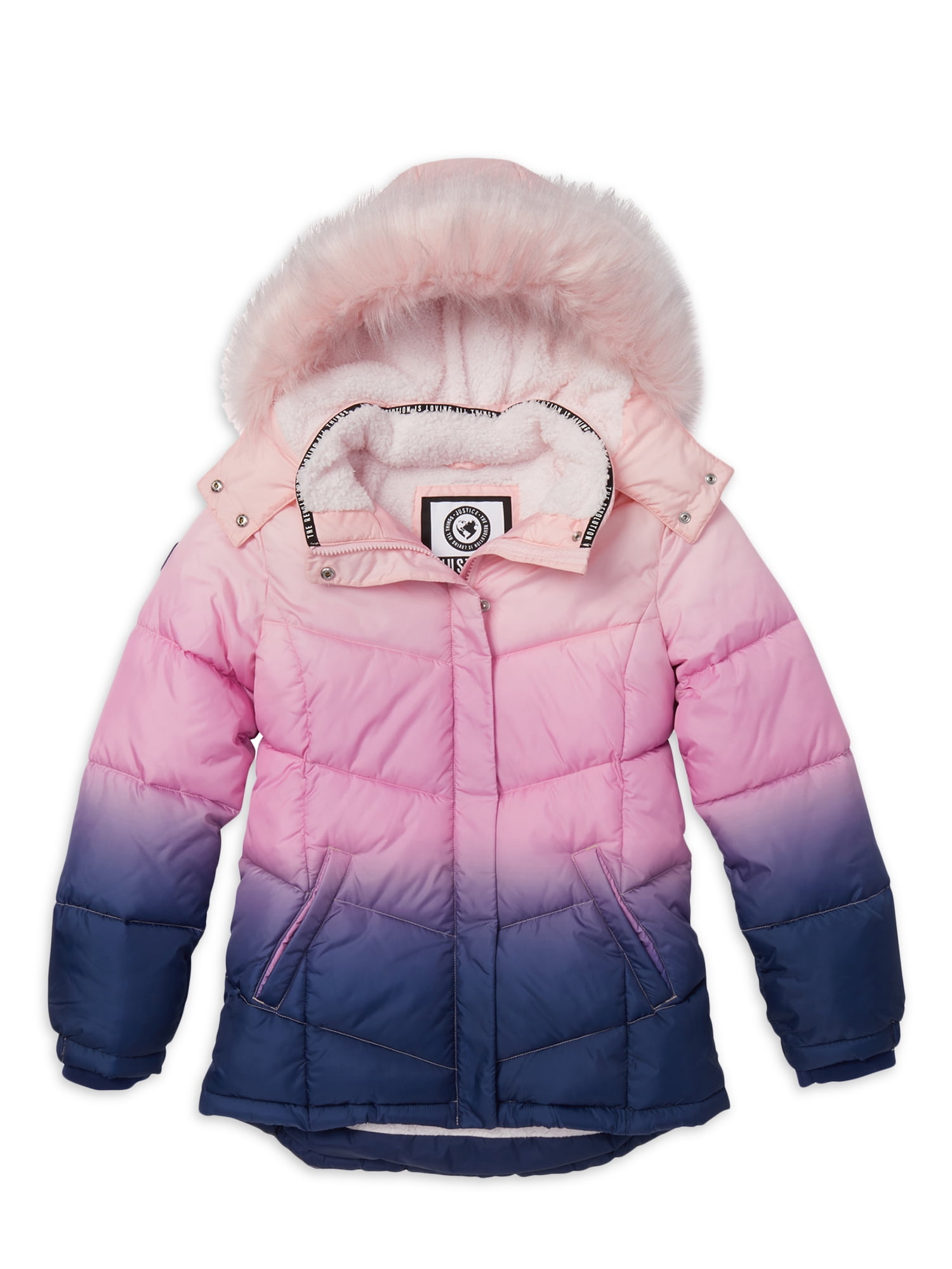Gorgeous Girls Pink Puffy Coat with Detachable Faux Fur Trim On Hood Cozy Soft 
