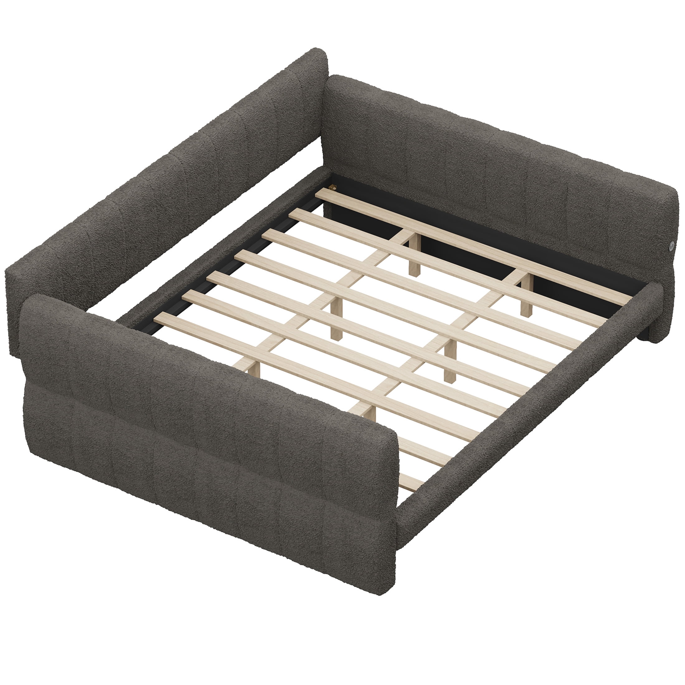 Noble House King Size Lambswool Upholstered Platform Bed, Pine Wood Bed Frame with USB Charging Port, Gray