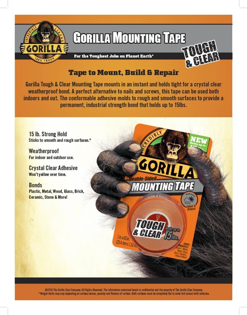 Gorilla Tough & Clear Double Sided Mounting Tape, 1 Inch x 60