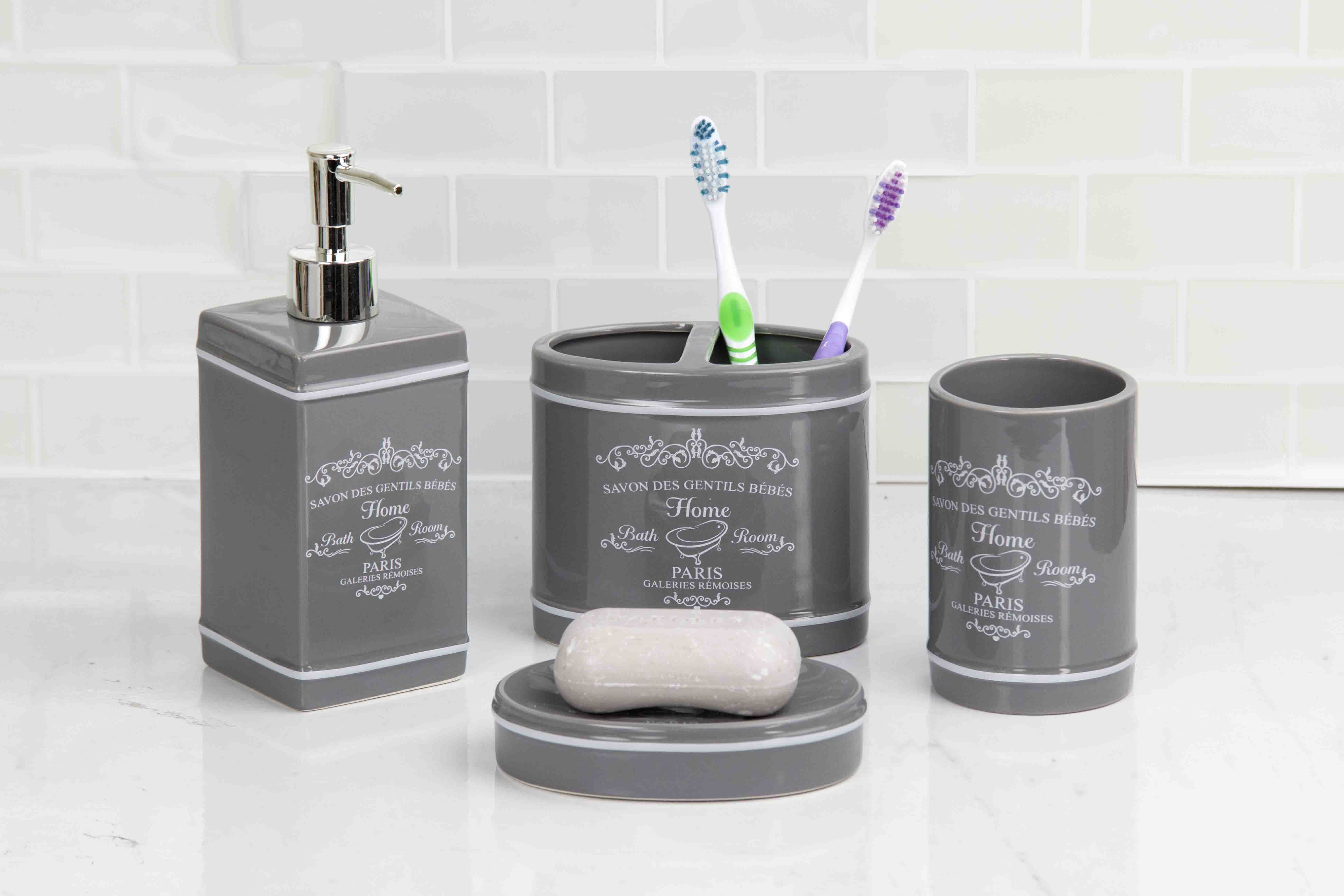 Home Basics 4 Piece Ceramic Paris Bath Accessory Set, Grey - Walmart.com