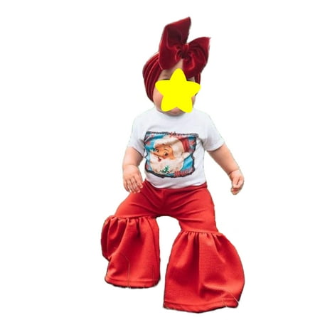 

Toddler Baby Girls Christmas Outfits Santa Claus Print T-Shirt Tops Flared Bell Bottom Pants Bowknot Headband Set Infant