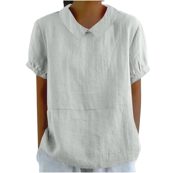 TKLPEHG Womens Short Sleeve Tops Crew Neck Cotton Linen Top Casual Loose Short Sleeve T Shirt Fashion Comfy Summer Clothes Solid Color Lightweight Blouses (Gray,XL)