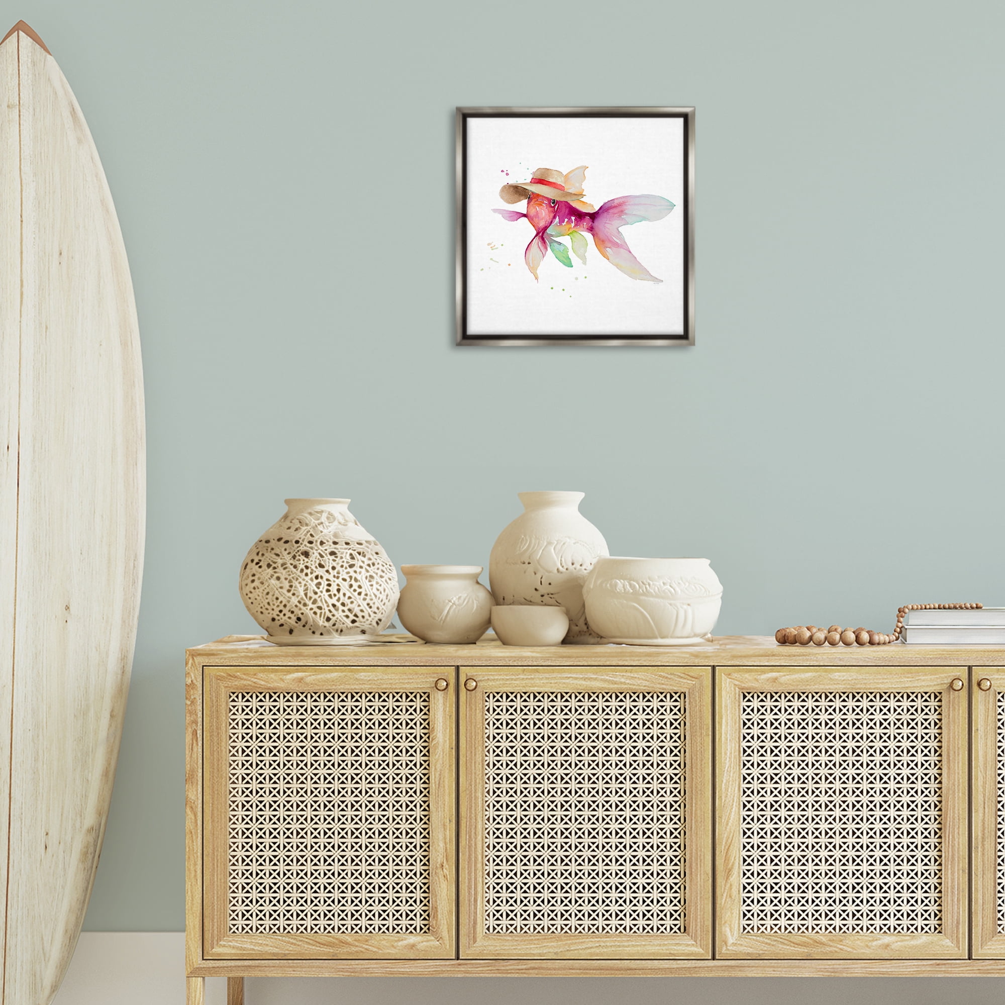 Stupell Industries Beach Fish Watercolor Novelty Painting Gray Floater Framed Canvas Art Print Wall Art, 18 x 18