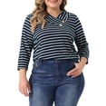 thumbnail image 1 of Blusa casual elegante de rayas de tamaño grande para mujer Agnes Orinda, con mangas 3/4, cuello asimétrico, camiseta de moda 3X en azul oscuro, 1 of 6