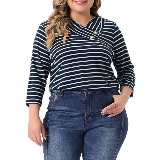 Blusa casual elegante de rayas de tamaño grande para mujer Agnes Orinda, con mangas 3/4, cuello asimétrico, camiseta de moda 3X en azul oscuro