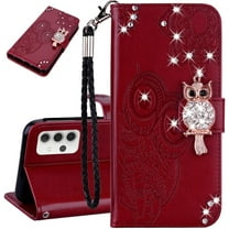 Compatible with Samsung Galaxy A13 5G Case Glitter Stylish Crystal Owl with Wrist Strap Kickstand Magnetic Leather Wallet for Women Flip Phone Case for Samsung Galaxy A13 5G Red YK
