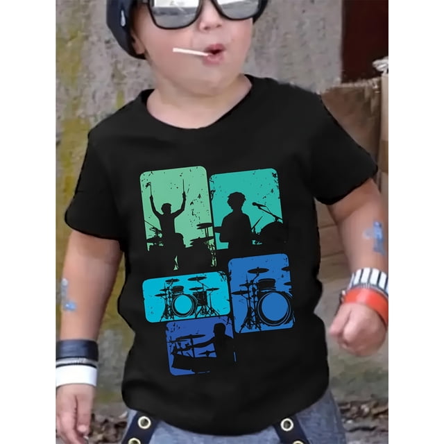 hand drum stick rock boy print, fashionable and comfortable, casual round neck short sleeved top, boys' clothing.