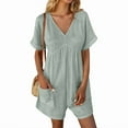 thumbnail image 5 of ZEHJUHAN Women's Solid Color Casual Chic V-Neck Romper - Short Sleeve Jumpsuit with Pockets for Summer Apricot，S, 5 of 14
