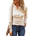 thumbnail image 2 of Women Long Sleeve V Neck Button Up Solid Tops Blouse Trendy Slim Fit Lace Sleeves Ribbed Knit Casual Henley Shirts Tunic Womens Clothes, 2 of 5
